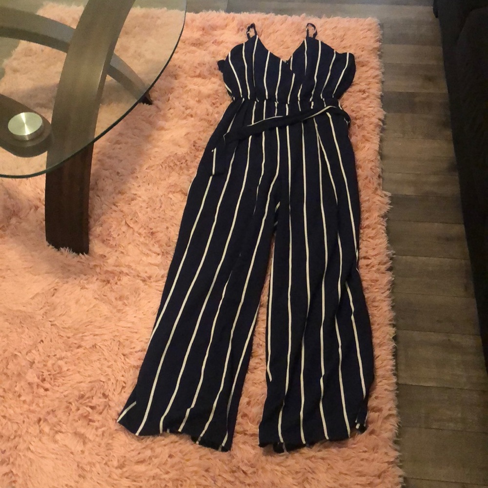 Wide leg blue stripe jump suit